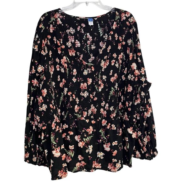 Old Navy Women Ditsy Floral Peasant Top Size 4X Smocked Long Sleeve V-Neck Black - Picture 1 of 8